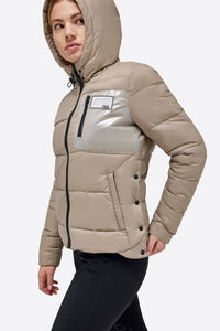 Nylon Quilted Hooded Puffer Jacket Beige