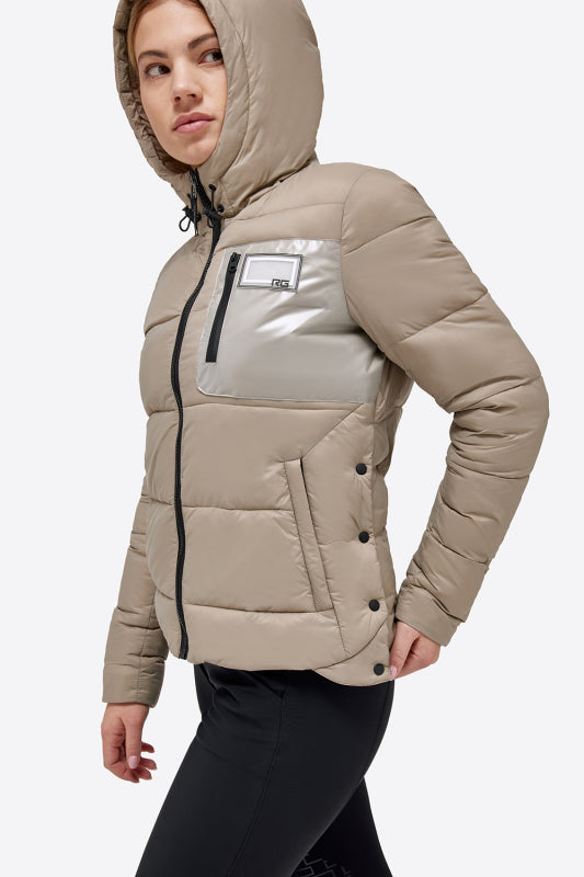 Nylon Quilted Hooded Puffer Jacket Beige