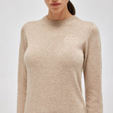 Ct Embossed Crew Neck Cashmere Blend Knit Sweater Beige